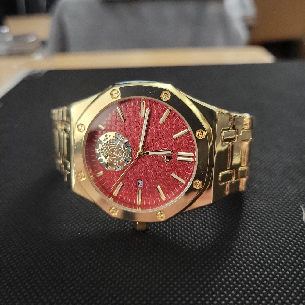 Gold Men's Watch with Red Dial